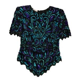 NEW Vintage Lawrence Kazar Beaded Sequin Silk Lined Top Shirt M Colorful